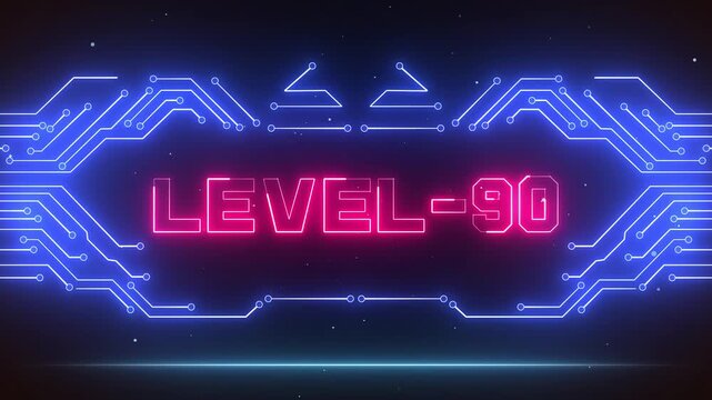 Level 90 major milestone gaming screen with tech circuit patterns, great for celebrating significant progress in professional game series