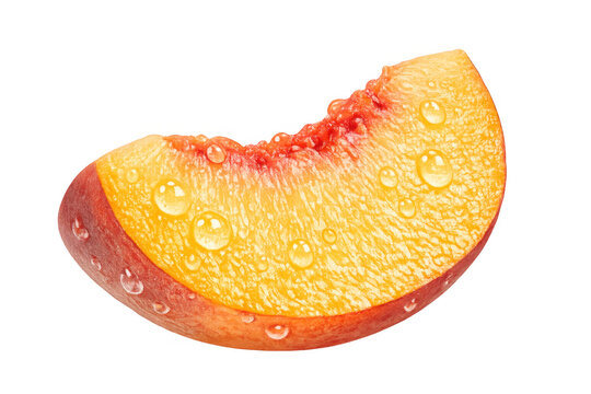Peach fruit slice presenting a close-up view of its wet, textured surface with water droplets, ideal for healthy eating concepts