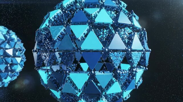 Rapid assembly of glowing geometric triangles forming a complex structure indicating problem solving and interconnected organizational strategy rendering, puzzle, growth