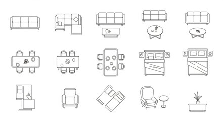 Collection of architectural floor plan symbols for furniture and rooms.