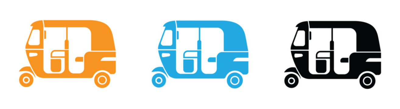 Icon symbol of a Tuk-tuk, a motorized three wheeled taxi which is a popular mode of transportation in South East Asia. Known as Bajaj in Indonesia, Tuk tuk in Thailand and Bukyo in Philippines. 