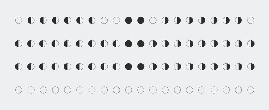 Geometric circle pattern dividers in black and white, including dot lines and moon phase symbols, ideal for user interface design, digital graphics, website decoration, and vector illustration use.