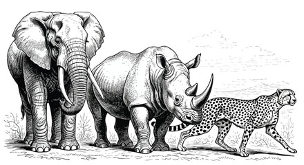 Fototapeta premium Elephant rhinoceros and cheetah savanna wildlife sketch
