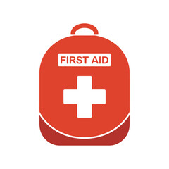 Obraz premium Red first aid backpack with white cross and label for emergency medical supplies