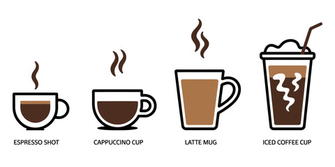Obraz premium Coffee drink icon set in stylized vector featuring espresso, cappuccino, latte and iced coffee illustrations