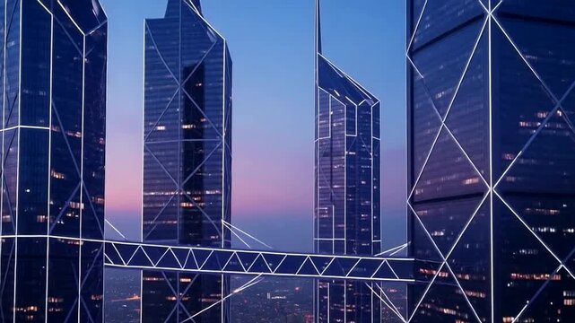 Modern skyscrapers connected by a skybridge at dusk.