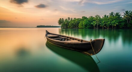 Obraz premium Serene Backwater Sunset Kerala India Traditional Wooden Boat Calm Water Tranquil Landscape Lush Green Trees Horizon Sky Golden Hour