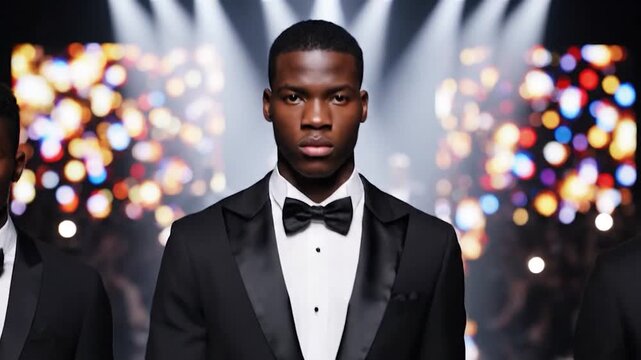 Three young men in tuxedos walk a runway with a bokeh background