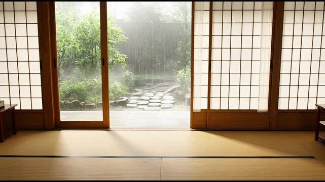 Serene traditional Japanese room with tatami mat and shoji screens opening to a tranquil garden 4K virtual backgrounds loop animation for stream overlay