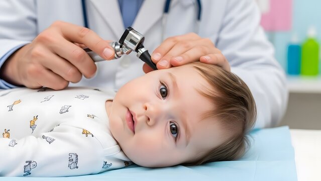 Professional pediatrician examining a cute baby's ear using an otoscope instrument during a routine medical checkup in a bright clinic office.