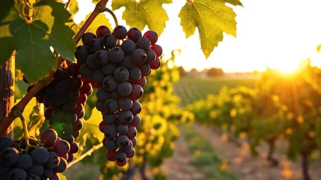 Ripe, dark grapes hang heavy on vines in a sun-drenched vineyard at sunset
