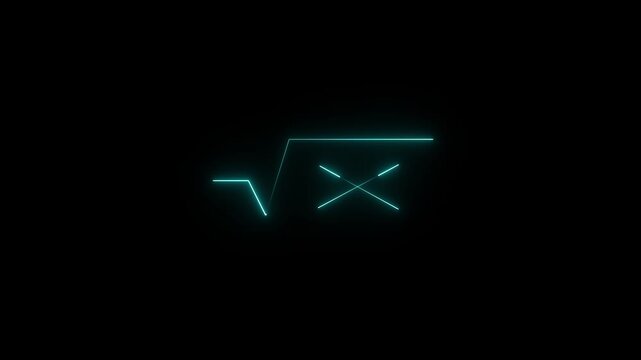 Abstract glowing neon cyan square root symbol with an X overlay on a dark black background, representing mathematics, science, or abstract concepts.