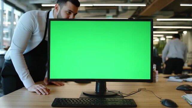 Modern office workspace featuring a computer monitor with a vibrant green screen for content replacement