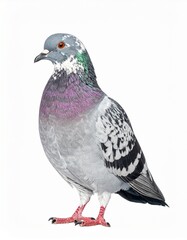 Fototapeta premium A close-up side view of a pigeon with grey, purple, and green feathers. It stands on a white backdrop