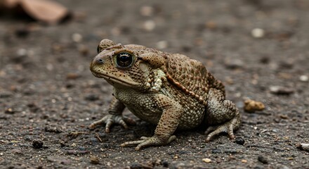 A close-up side profile of a brown toad sits on rough, gray ground looking ahead