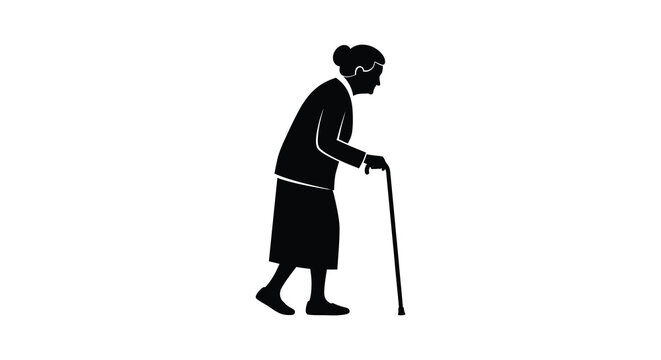 A stark black silhouette depicts an elderly woman slowly walking with a cane embodying age and frailty silhouette