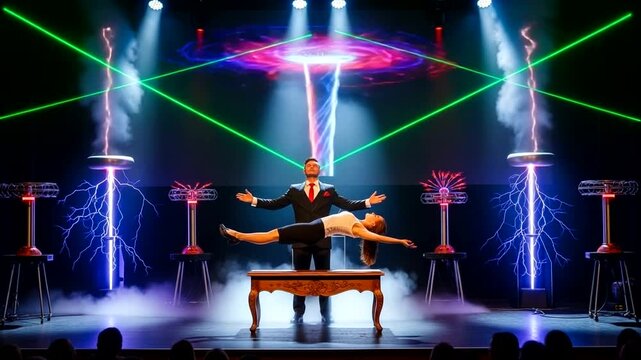 Illusionist levitates woman on stage with dramatic lighting and special effects.