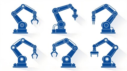 Six blue robotic arm illustrations