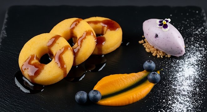 Luxury Picarones with Blueberry Ice Cream and Mango