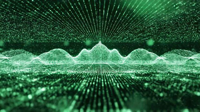 Rapid energetic pulse wave spreading outwards across a dense virtual green particle structure matrix symbolizing instantaneous global communication global, energetic, pulse