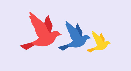 Fototapeta premium Three colorful birds in flight against a white background.