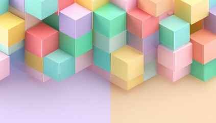 Obraz premium Pastel-colored cubes in a staggered, three-dimensional arrangement, creating a wave-like effect against a two-toned background of light purple and beige