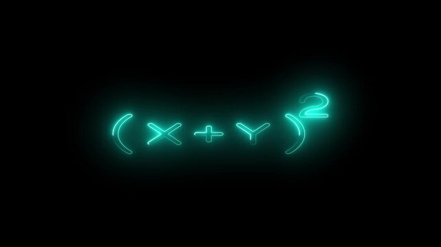 A bright neon cyan mathematical formula (x+y) squared glows on a stark black background, representing science, education, and learning.