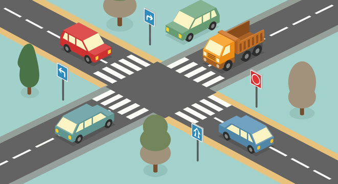 Isometric illustration of a busy road intersection with vehicles and trees.