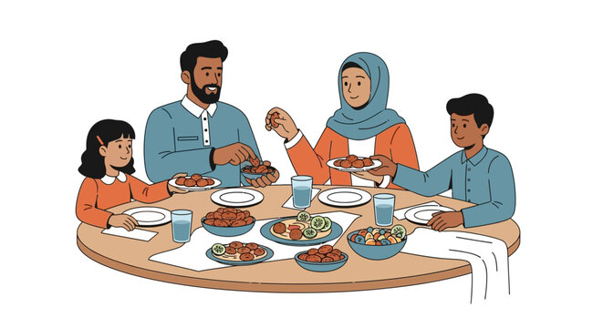 Illustration of a Muslim family sharing a meal together during Ramadan, with a father, mother, grandfather, and child sitting around a dining table with traditional iftar and suhoor food