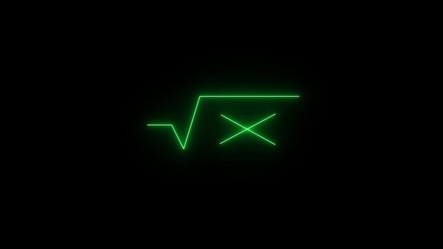 A vibrant green neon square root symbol with an 'x' enclosed, glowing against a stark black background, representing abstract mathematical concepts and digital data.