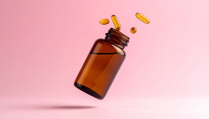 Yellow Gel Capsules Floating from Brown Pill Bottle on Pink Background