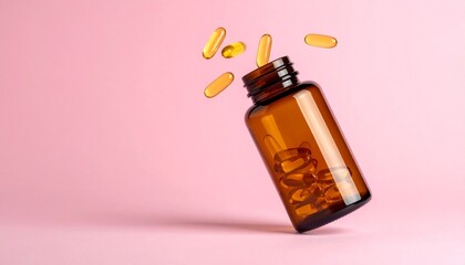 Yellow Gel Capsules Floating from Brown Pill Bottle on Pink Background