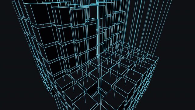 Procedural 3D octree visualization of data blocks organizing into a secure cloud infrastructure. Cyan wireframes transition to solid verified status in a seamless loop. Ideal for blockchain and server