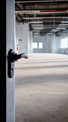View from an open door into an empty room with concrete floor and overhead lights in a large building space