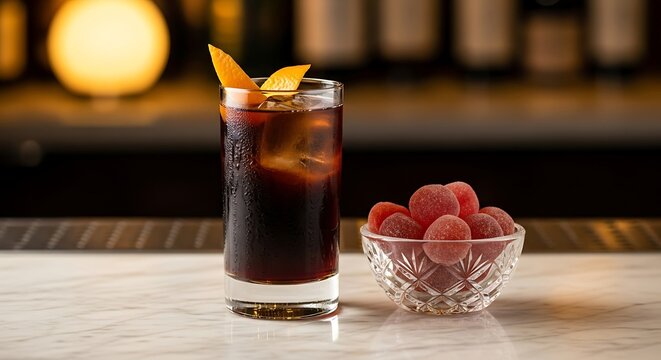 Refreshing Fernet Cocktail with Orange and Sweet Candies