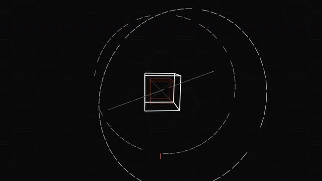 Procedural 3D animation of a quantum computing core with rotating wireframe rings. Seamless loop on a pulsing hexagonal grid background suitable for technology, science, and AI data interfaces.