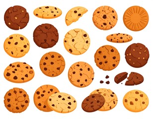 Fototapeta premium A collection of various cartoon cookies, chocolate chip, golden brown, scattered on white