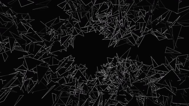 Abstract white wireframe mesh fracturing in void space. Procedural chaos simulation of neural network overload or system error. Seamless loop of 3D data debris flying at camera with green digital 