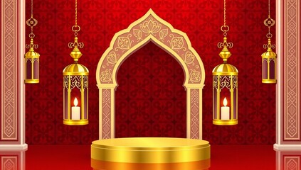 Ornate islamic archway with hanging lanterns