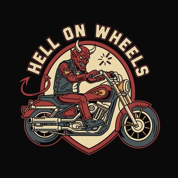 Devil Biker Riding Motorcycle Hell on Wheels Illustration.