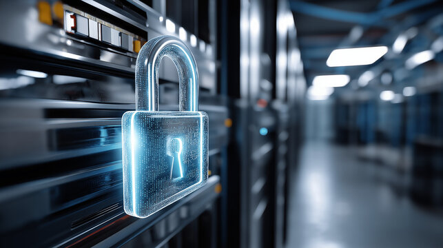 Cybersecurity concept with digital padlock icon over server racks, safeguarding sensitive data in secure data center, protection visualization, defocused background, with copy spac