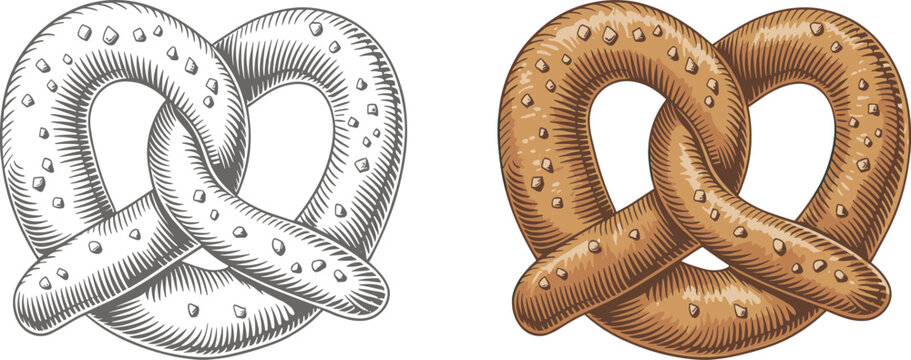 Traditional German pretzel vector illustration, salted bakery snack food, vintage brewery restaurant menu design