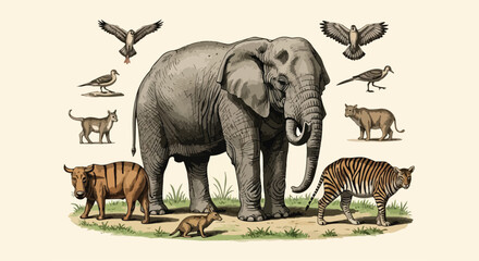 Fototapeta premium African elephant with safari animals nature sketch
