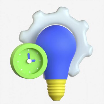 A 3D blue lightbulb in front of a white gear with a green clock to the side representing preparation and operational efficiency