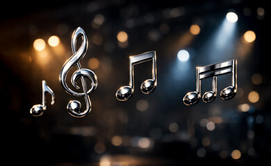 Various music notes floating against a blurred concert stage background with copy space for text