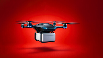 Advanced and futuristic delivery drone with delivery box attached flying against a dark red background