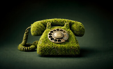 Vintage rotary phone covered with green moss isolated on a dark green background