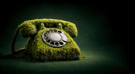 Vintage rotary phone covered with green moss isolated on a dark green background