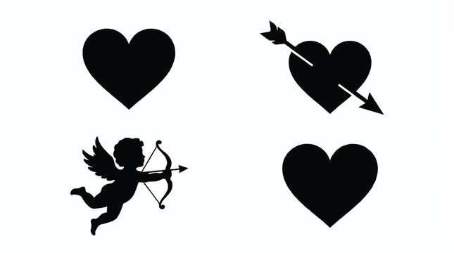 black heart shapes and cupid silhouette on white background