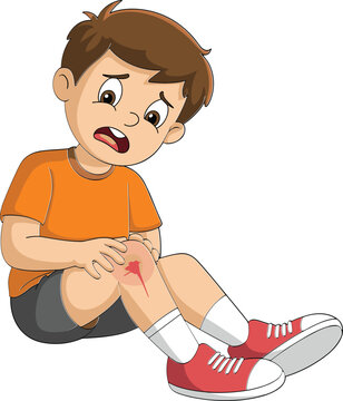 Vector, illustration, of, a, sad, young, boy, sitting, on, the, floor, holding, his, injured, knee, with, a, red, scrape